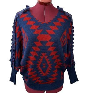 Everybody Talks Navy & Red Aztec Boho V-Neck Sweater Crocheted Detailing M/L NWT